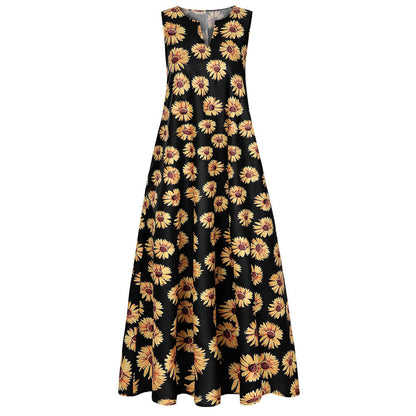 Vestido largo bohemio con estampado de girasoles para mujer, sin mangas, informal, con cuello en V