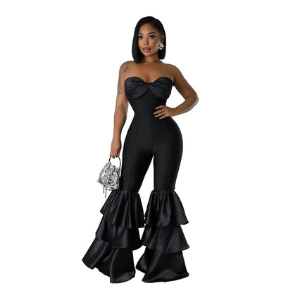 Women Fashion Sexy Strapless Ruffled Jumpsuit