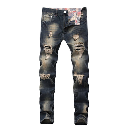 Men Casual Ripped Straight Slim Fit Cotton Jeans