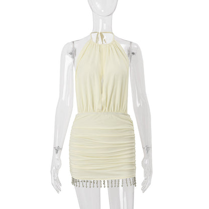 Women Fashion Sexy Solid Color Pleated Backless Tassels Dress