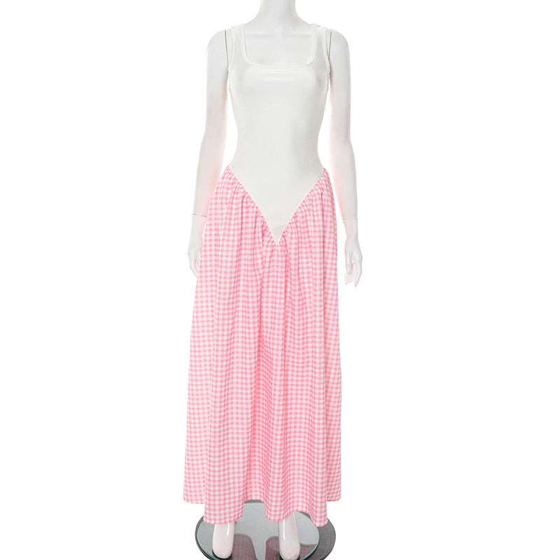 Vestido midi sin mangas con estampado de cuadros y patchwork sexy para mujer