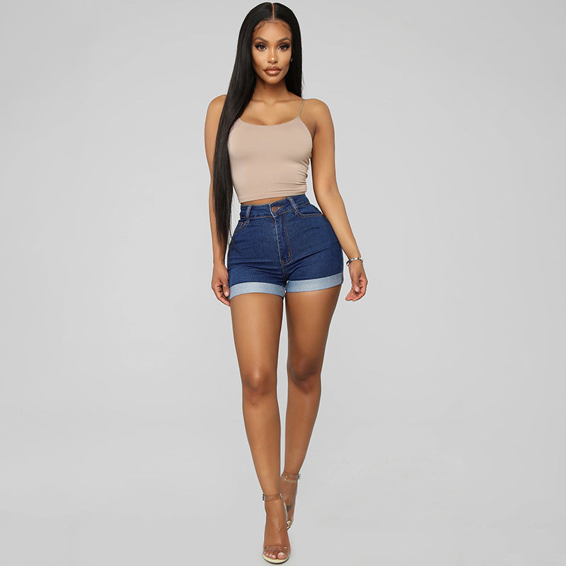 Women Fashion Simple Hip High Elastic Denim Shorts