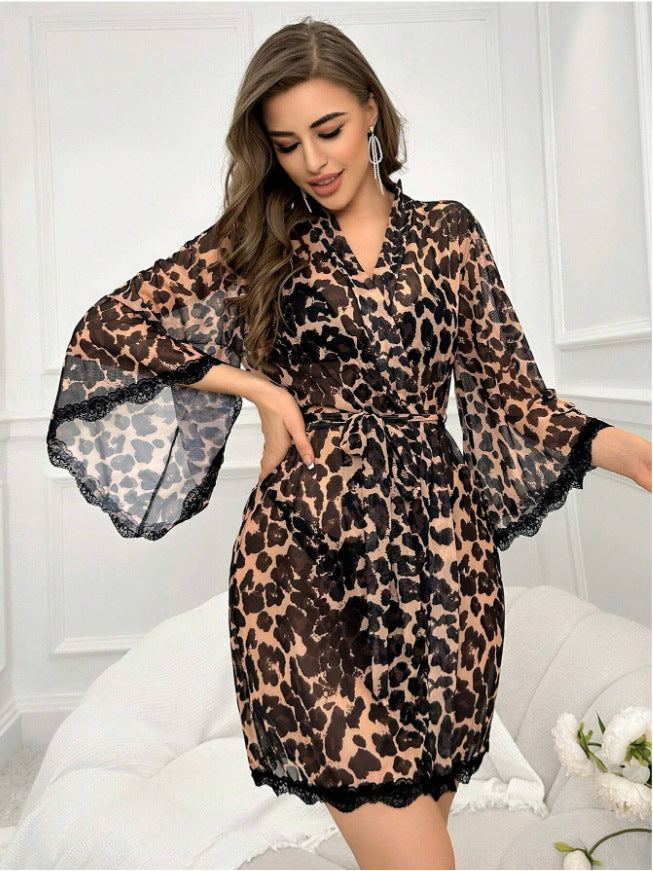 Women Fashion Leopard Mesh Long-Sleeve Pajama Set