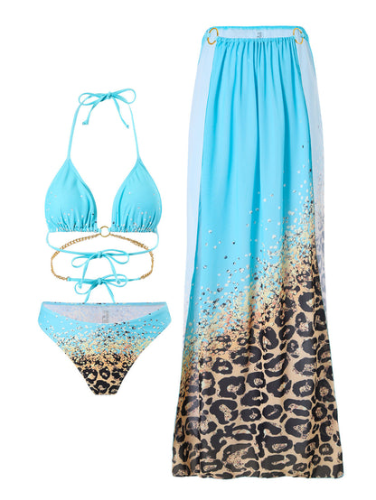 Conjunto de bikini de tres piezas con cadena y estampado de leopardo sexy para mujer