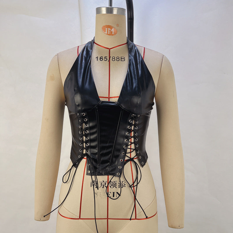 Women Sexy Fashion PU Leather Halter Neck Tight Waist Zipper Top