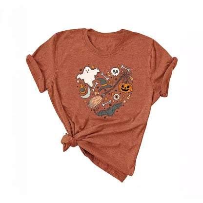T-shirt col rond en coton imprimé Halloween pour femme