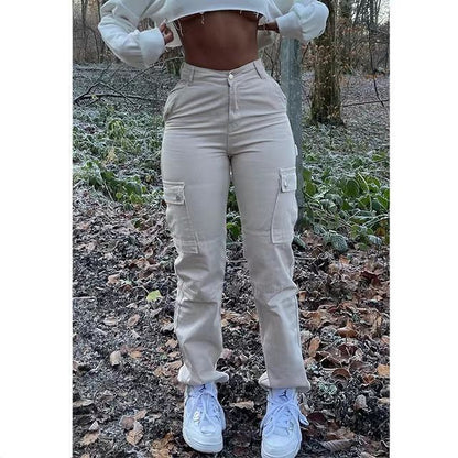 Pantalones ajustados informales de color liso con múltiples bolsillos y muy elásticos para mujer