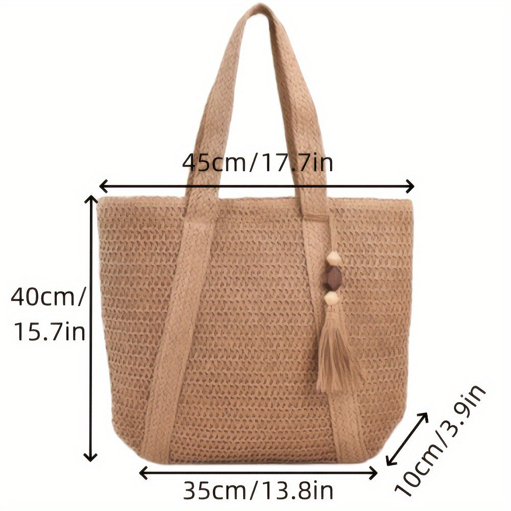 Women Casual Solid Color Straw Woven Beach Tote Bag