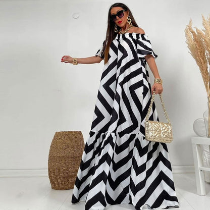 Women Casual Off Shoulder Printed Horn Sleeve Dress