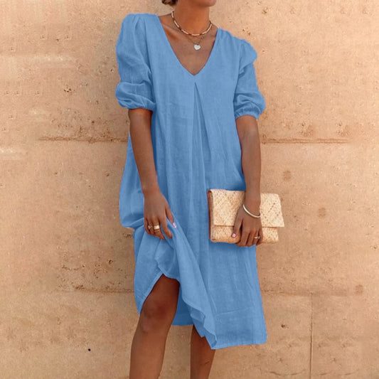 Women Fashion Casual Solid Color Cotton Linen V-Neck Dress