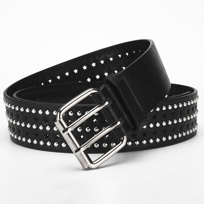 Cinturón de cuero hueco con estrella de cinco puntas y remaches multicapa de color liso para mujer