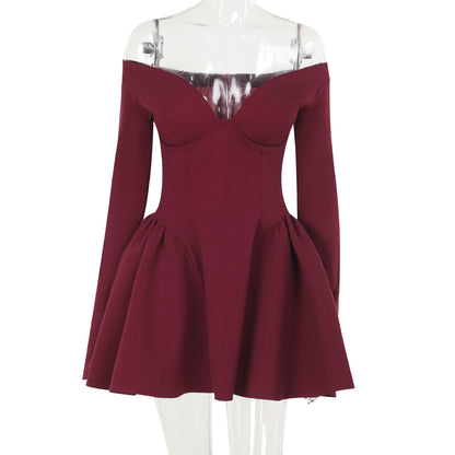 Women Elegant Solid Color Waist Long Sleeve Dress