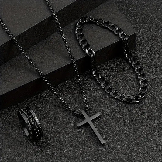 Fashion Hip Hop Cross Necklace Bracelet Ring Set
