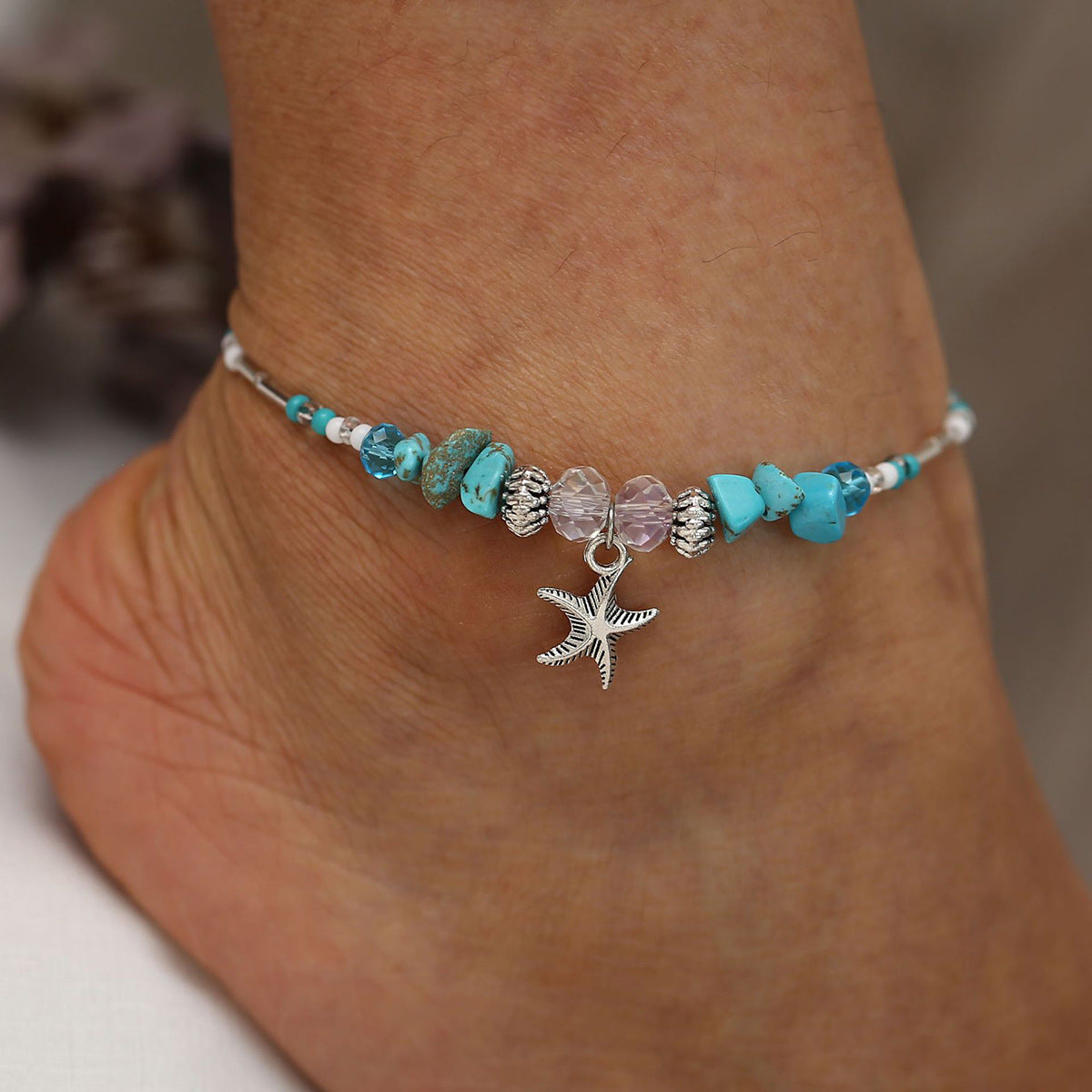 Tobillera con colgante de estrella de mar turquesa y cuentas de arroz estilo bohemio