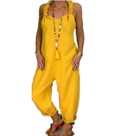 Women Casual Solid Color Linen Sleeveless Jumpsuits