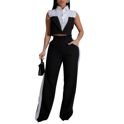 Ensemble chemise et pantalon sans manches pour femme, color block, polyester et élasthanne