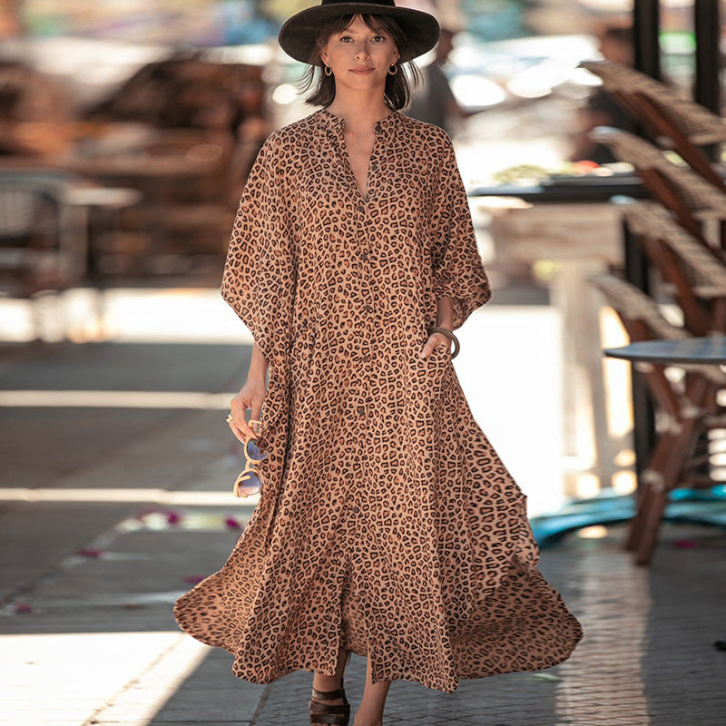 Women Fashion Summer Vacation Boho Style Leopard V Neck Loose Maxi Dress