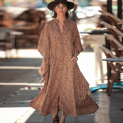 Women Fashion Summer Vacation Boho Style Leopard V Neck Loose Maxi Dress
