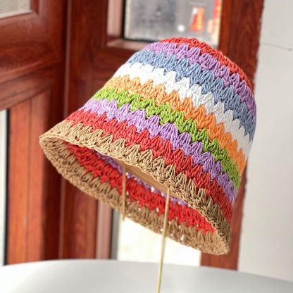 Sombrero de pescador tejido de paja arcoíris de moda para mujer