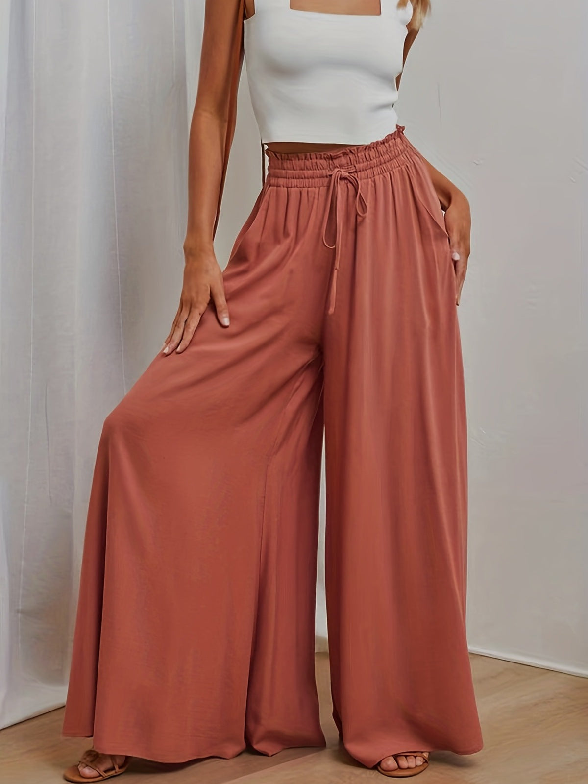 Women Fashion Casual Loose Solid Color Drawstring Pants