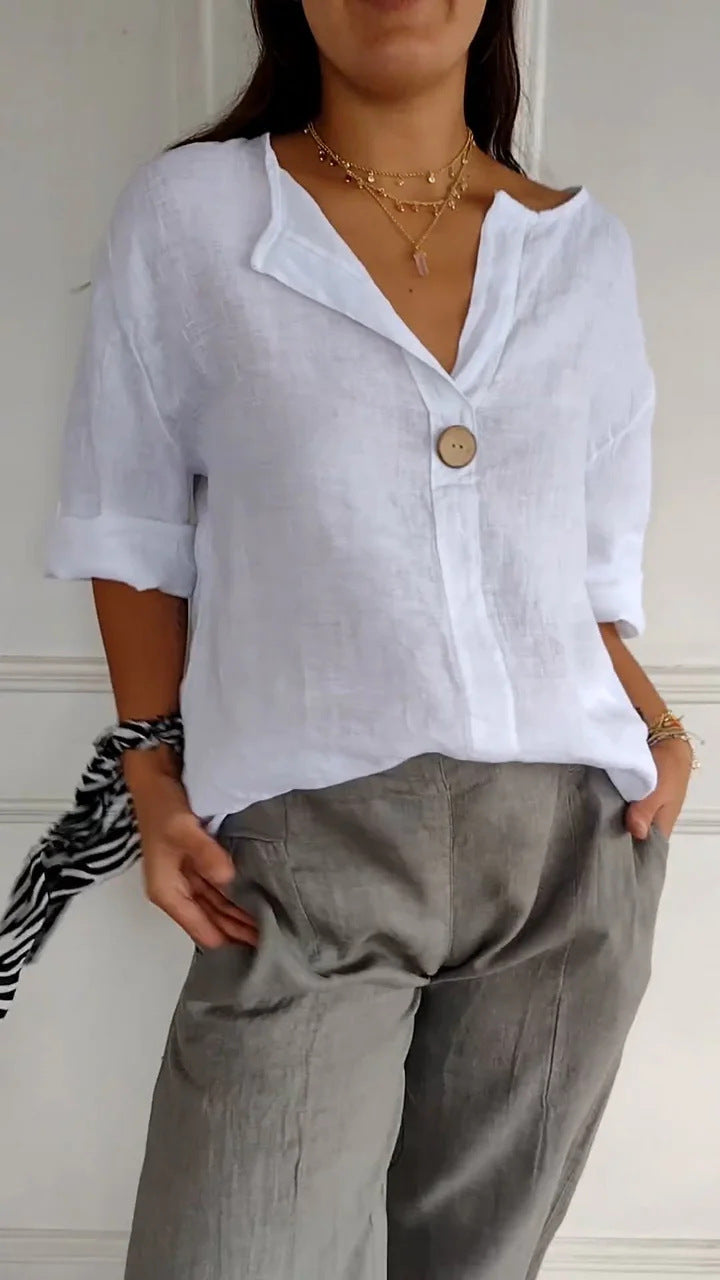 Camisa de lino y algodón de color liso, holgada e informal para mujer, cómoda y elegante.