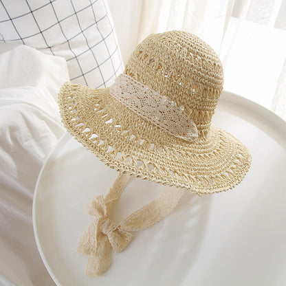 Sombrero de paja tejido con correa de encaje para mujer