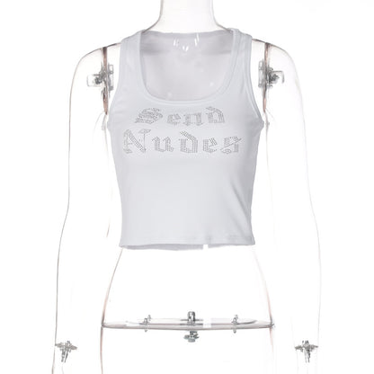 Women's Fashion Letter Rhinestone Sleeveless Cropped Top