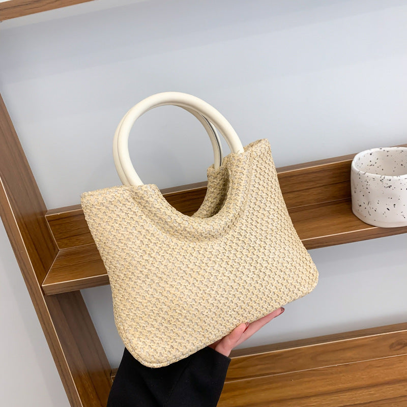 Bolso circular tejido de paja informal de moda para mujer con estilo artístico