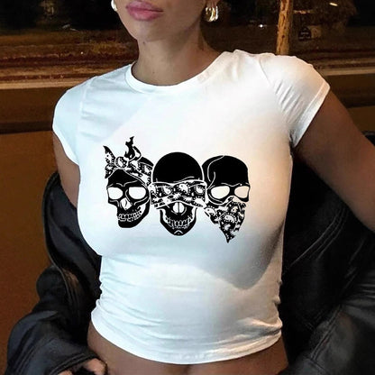 Camiseta de manga corta con estampado de calavera punk hip-hop callejero Y2K