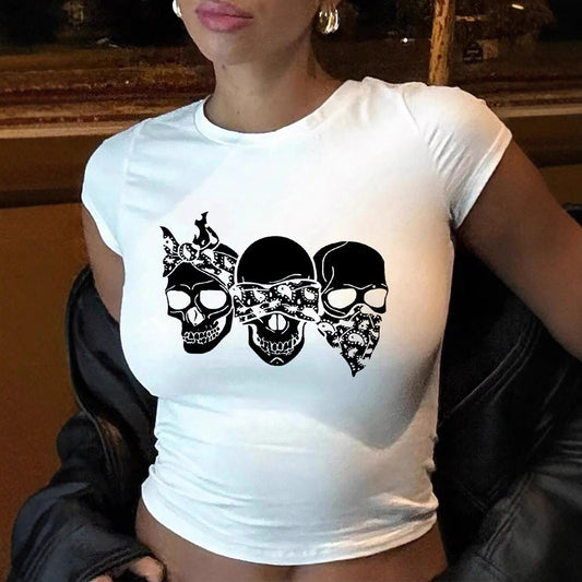 Y2K Street Hip-Hop Punk Skull Print Navel Short-Sleeved T-Shirt