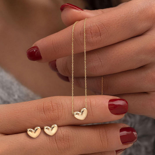 Fashion Elegant Simple Heart Gold Stud Earrings Necklace Set
