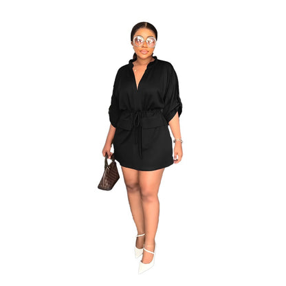 Women Fashion Casual Solid Color V-Neck Dress