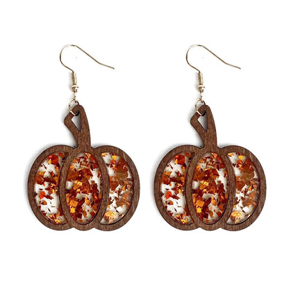 Pendientes de madera con forma de calabaza y purpurina para Halloween para mujer