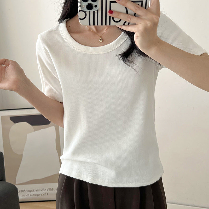 Fashion Basic Women Solid Color Rib-Knit Short Sleeve Blank T-Shirt