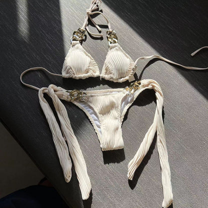 Bikini sexy de cuello halter de color sólido a la moda para mujer