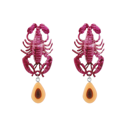 Boucles d'oreilles pendantes vintage en émail motif homard