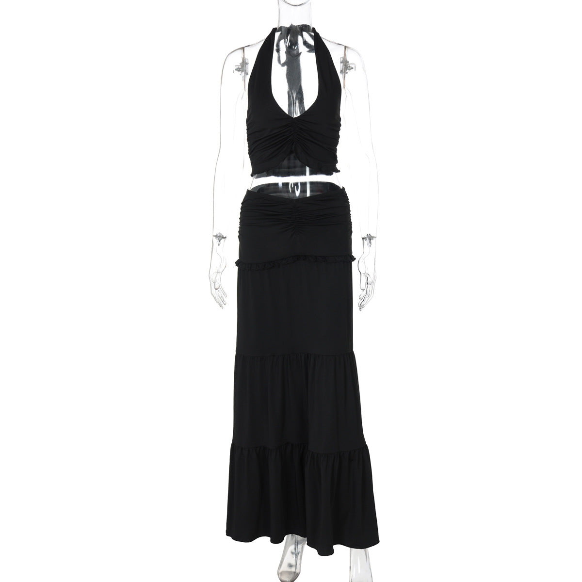 Women Fashion Sexy Solid Color Crop Top and Pleated Skirt Set