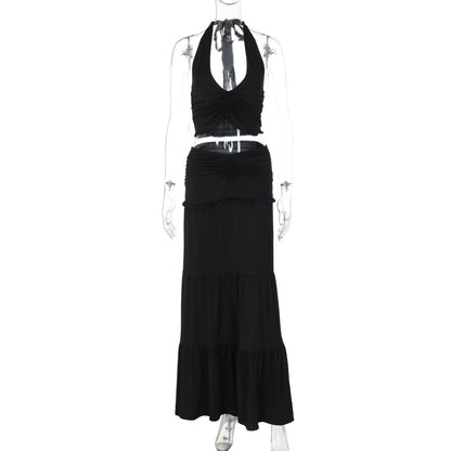 Women Fashion Sexy Solid Color Crop Top and Pleated Skirt Set