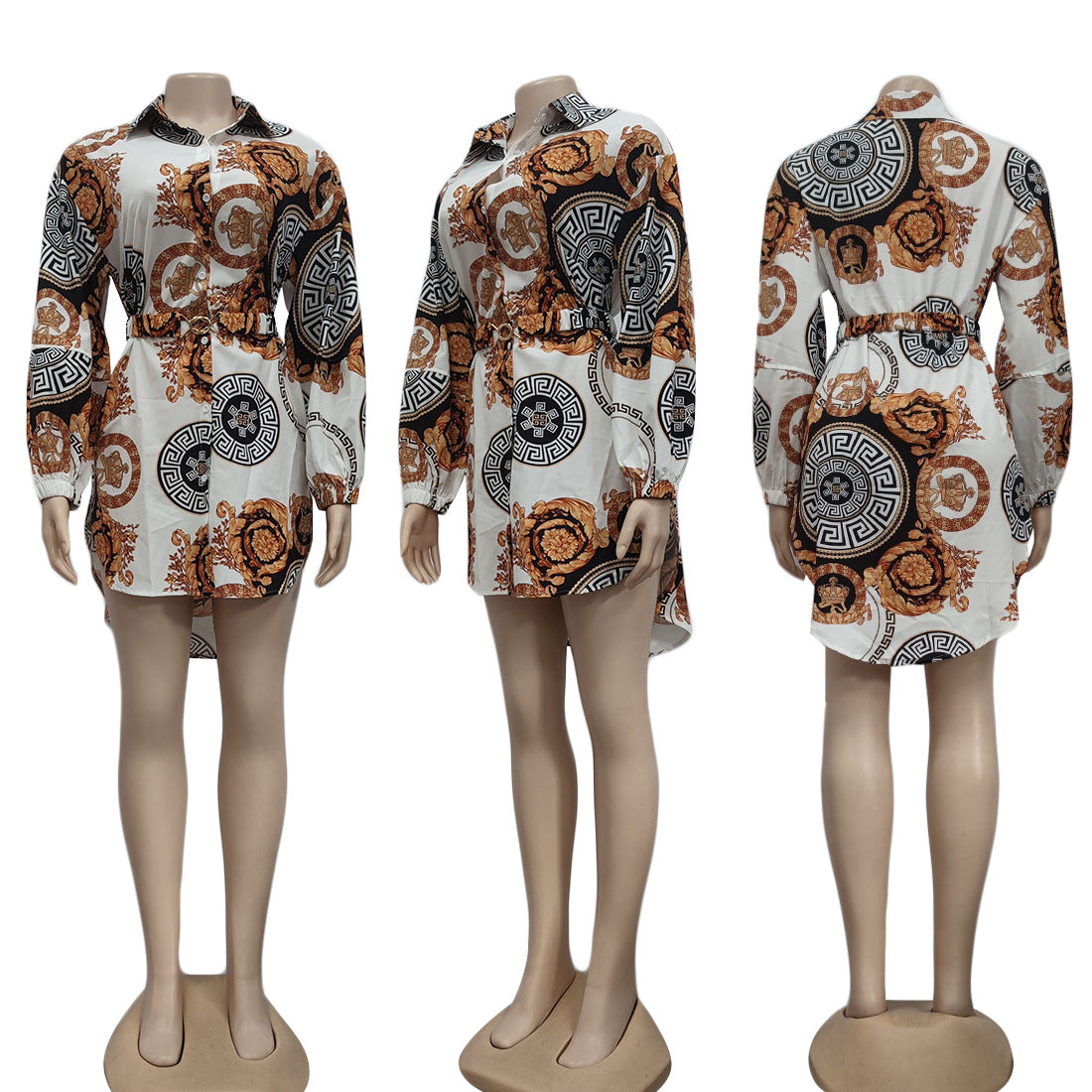 Vestido informal de manga larga con solapa y estampado para mujer