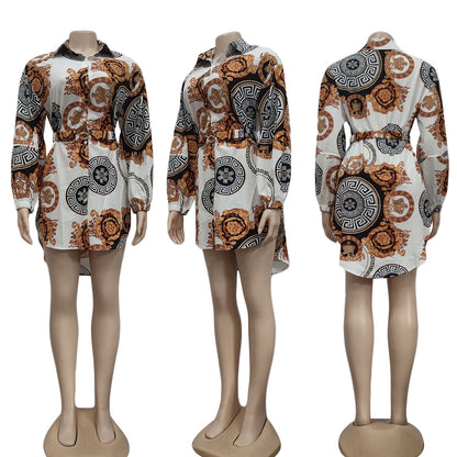 Vestido informal de manga larga con solapa y estampado para mujer