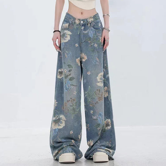 Women Retro Casual Floral Printed High Waist Wide Leg Jeans