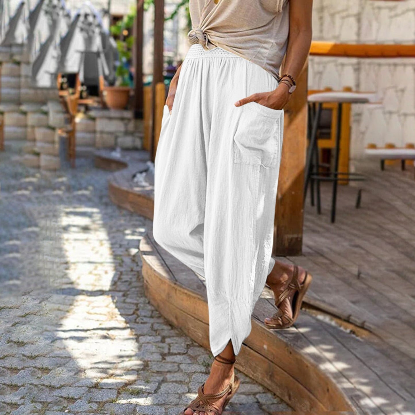 Women's Casual Solid Color Loose Pocket Pants