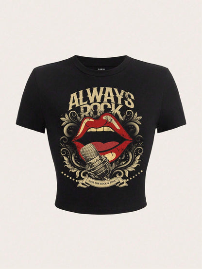 Women Fashion Sexy Letter Mouth Printed Crop Top