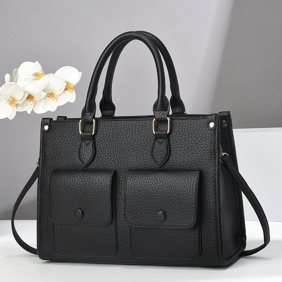 Bolso de mano informal de color liso con doble bolsillo para mujer