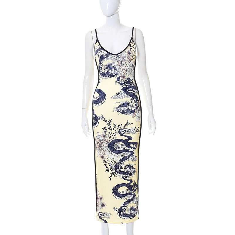 Vestido maxi ajustado con tirantes y estampado sexy para mujer, sin mangas, cintura alta, poliéster