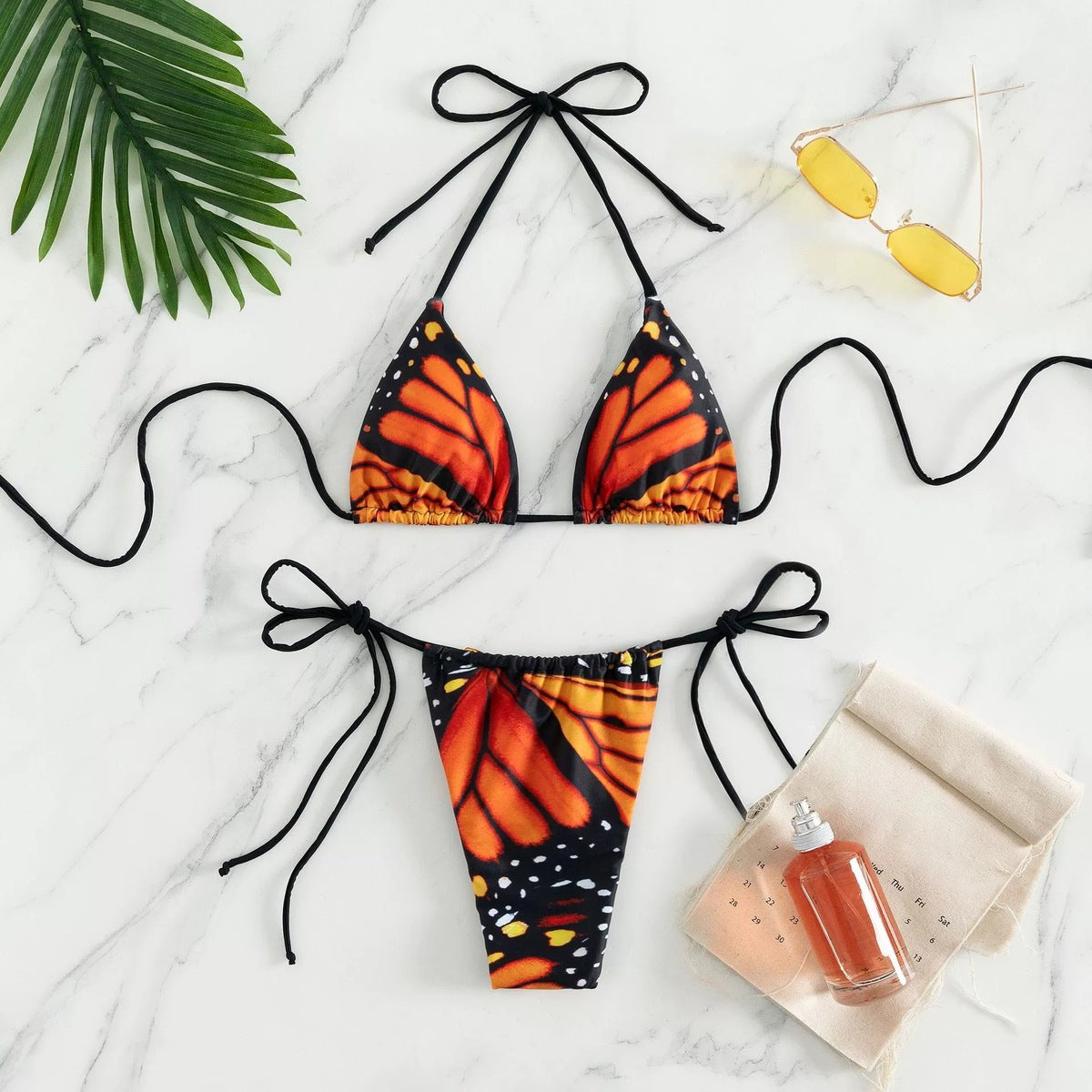 Bikini sexy con cuello halter y estampado de mariposas para mujer