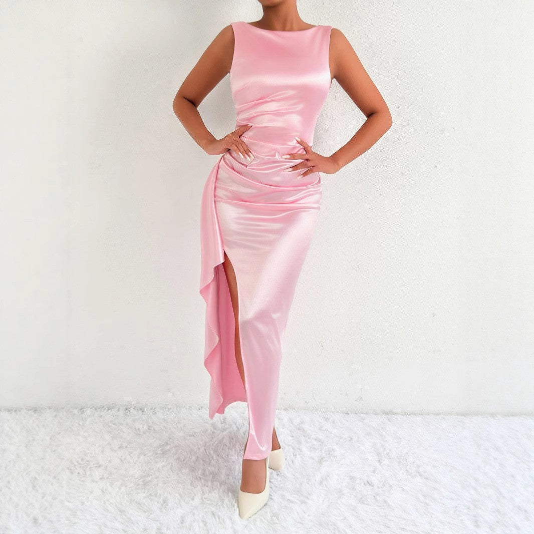 Women Fashion Sleeveless Irregular Split Dress in Solid Color