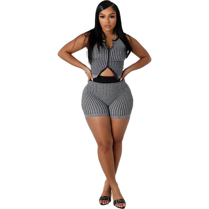 Women Fashion Sexy Stripe Knitted Two-Piece Set