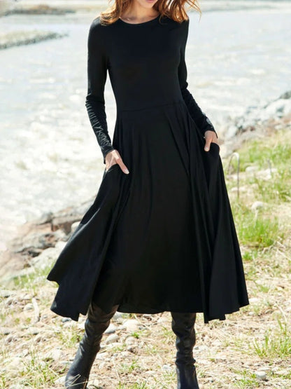 Vestido casual de manga larga con cuello redondo y color liso para mujer