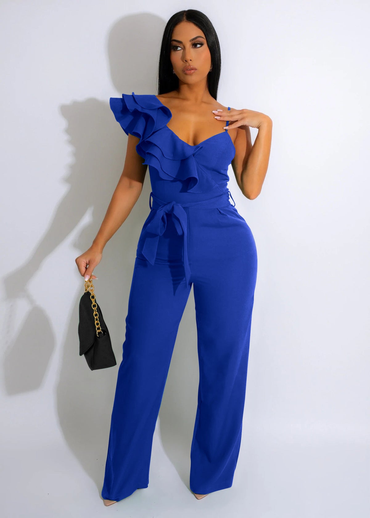 Women Fashion Solid Color V-Neck Ruffled Jumpsuits